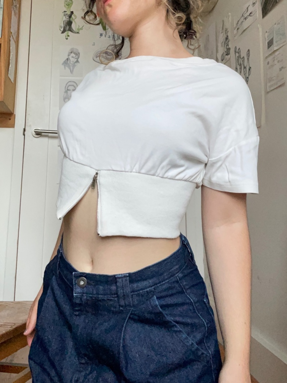 cropped white blouse with cinched zipper waist